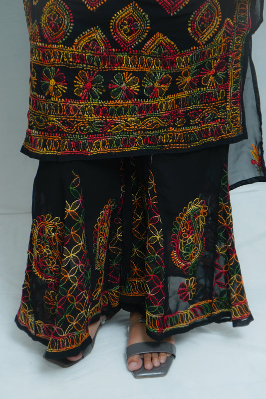 BLACK-MULTI CHIKAN WORK SHARARA