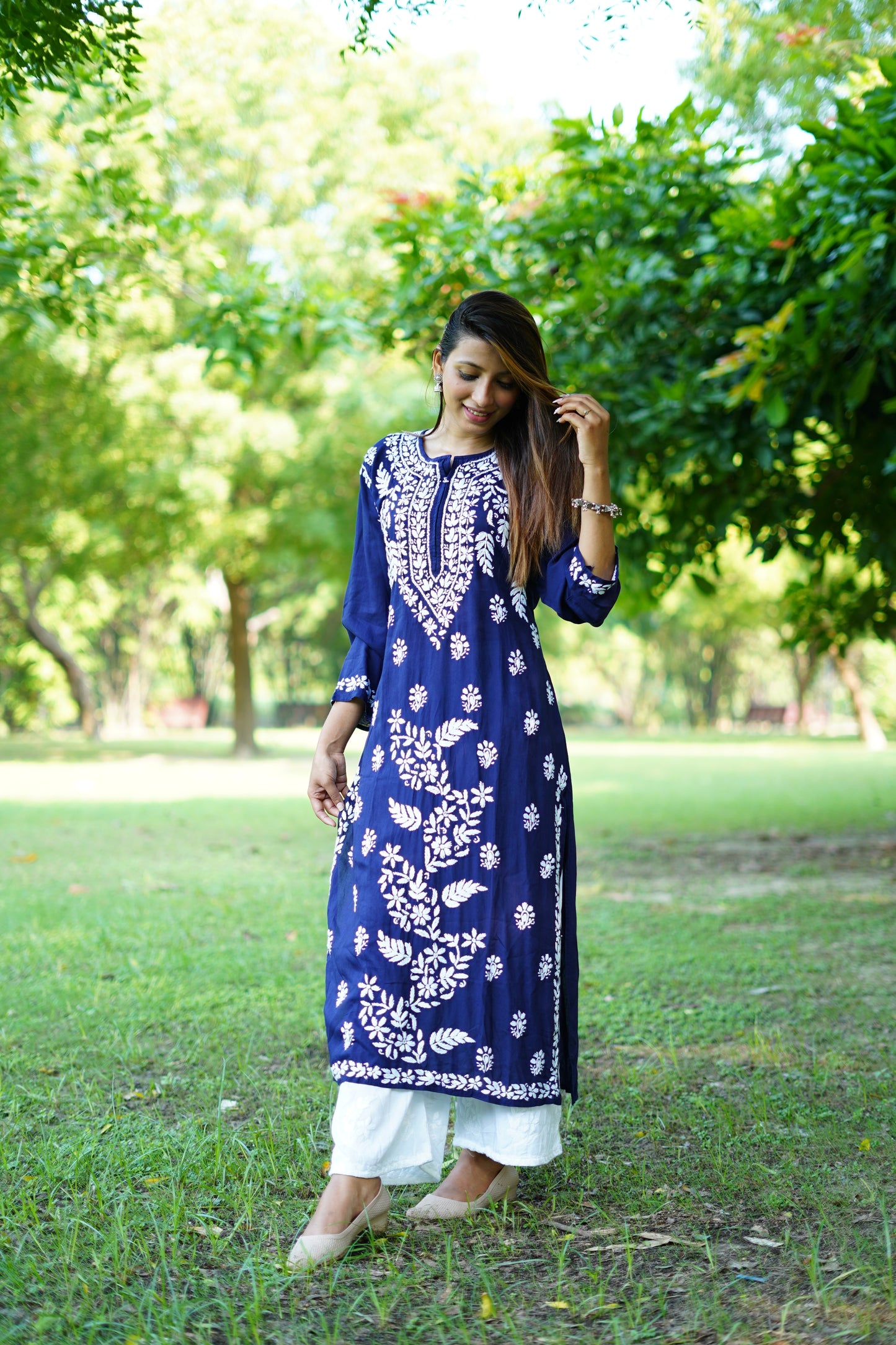 HIMANSHI ROYAL-BLUE MODAL CHIKANKARI KURTI