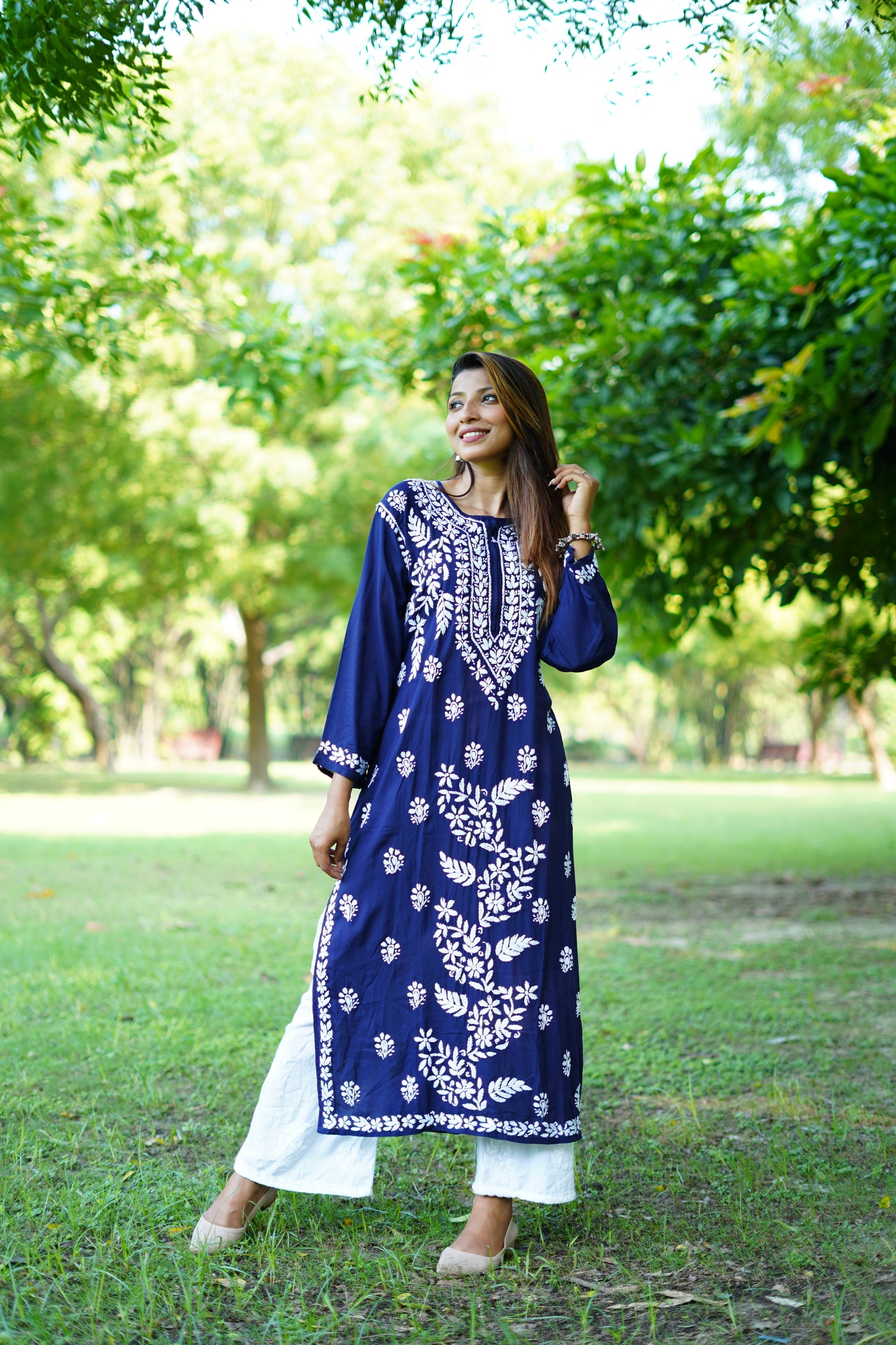HIMANSHI ROYAL-BLUE MODAL CHIKANKARI KURTI