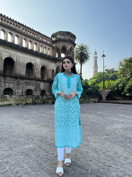 SKY BLUE GEORGETTE FRONT JAAL KURTI