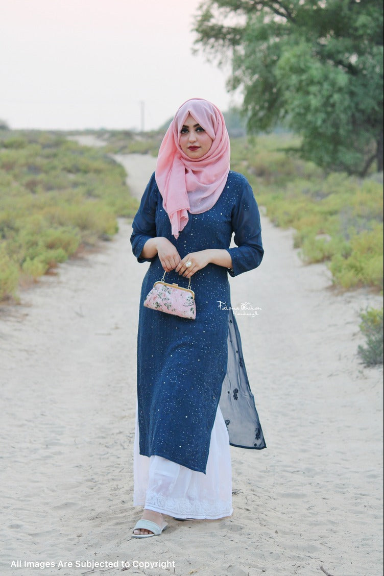 SUKAINA NAVY BLUE VISCOSE CHIKANKARI KURTA SET
