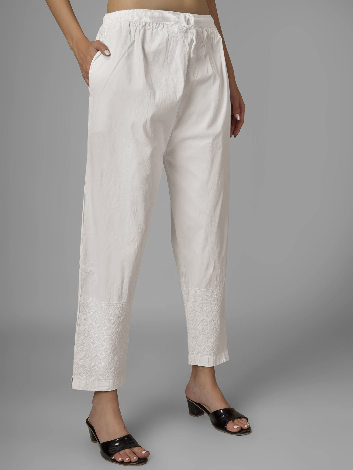 STRAIGHT CHIKANKARI PANT - MAKHI