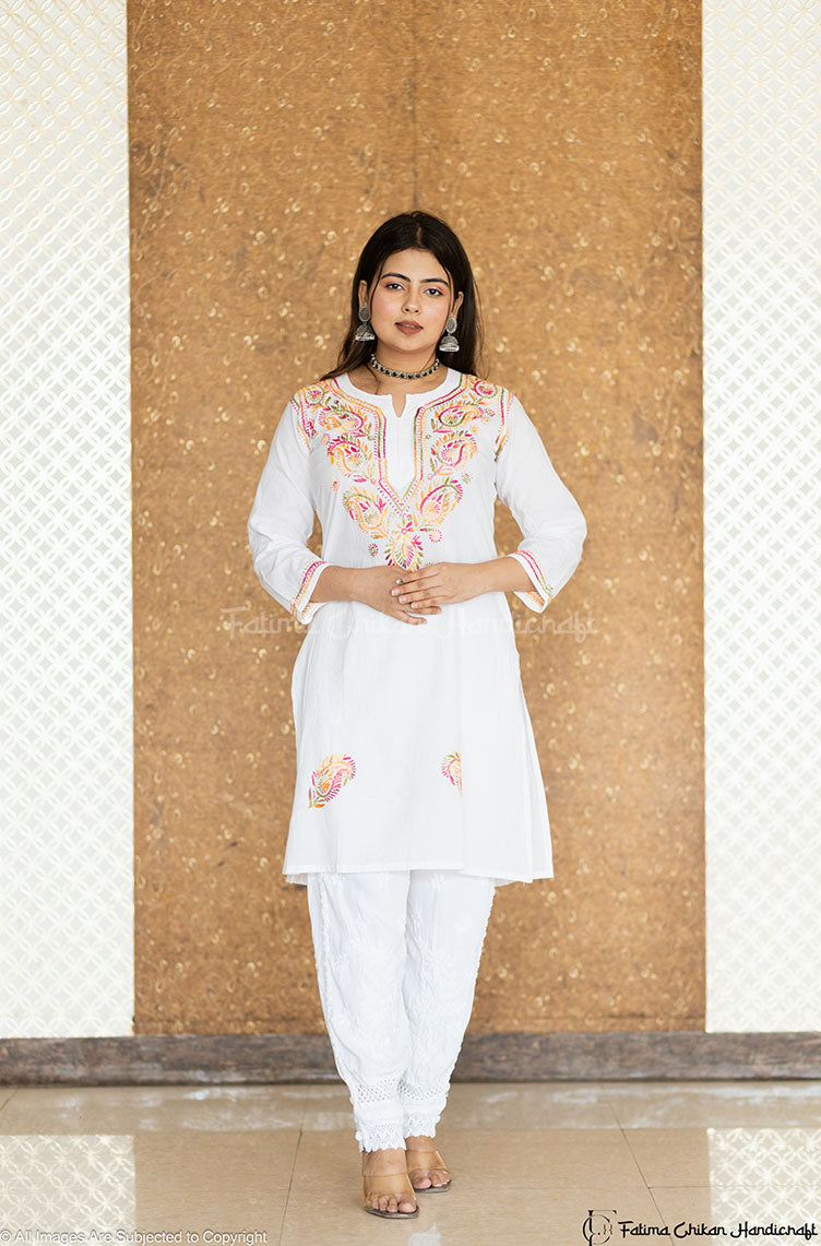 AYA PURE COTTON CHIKANKARI SHORT LENGTH KURTA