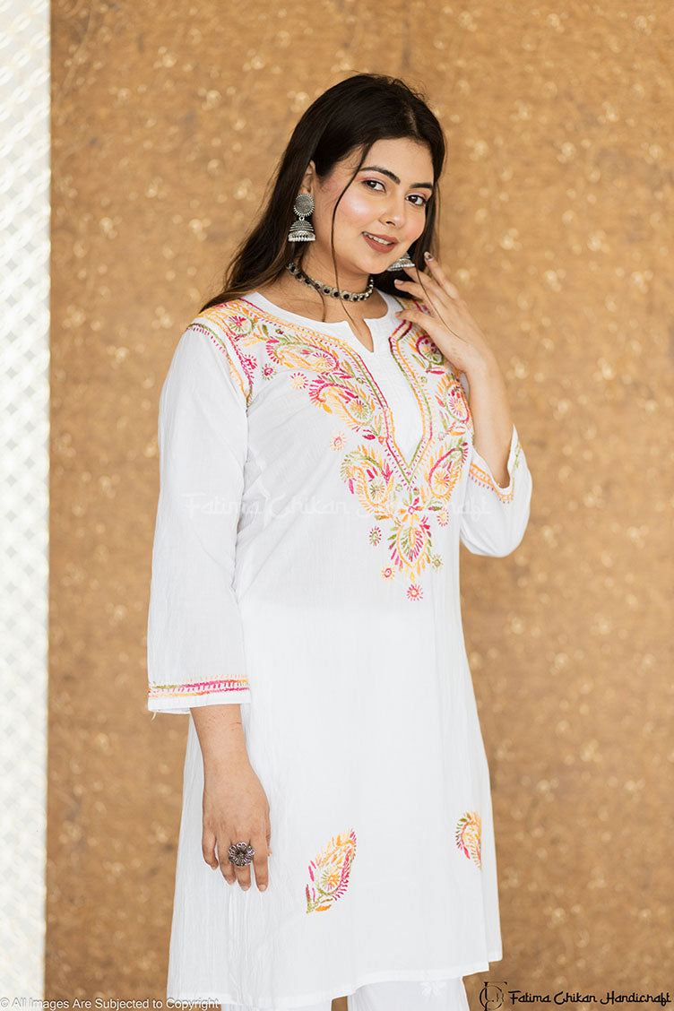 AYA PURE COTTON CHIKANKARI SHORT LENGTH KURTA