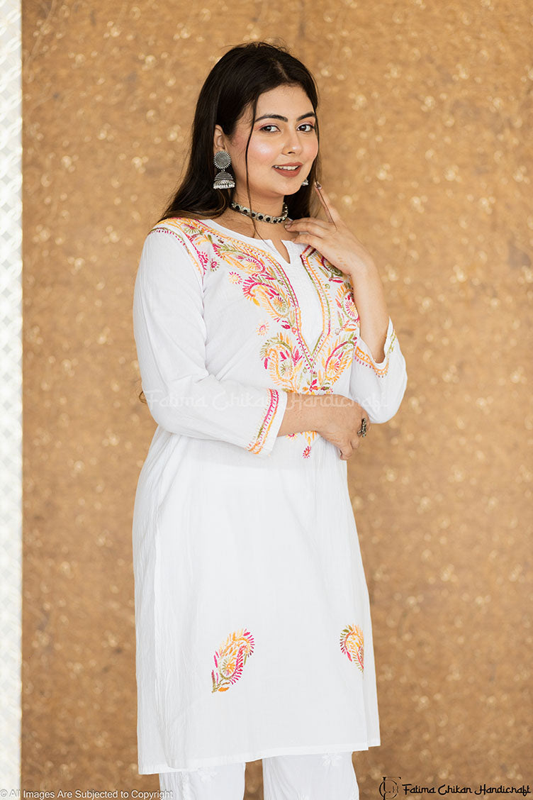 AYA PURE COTTON CHIKANKARI SHORT LENGTH KURTA