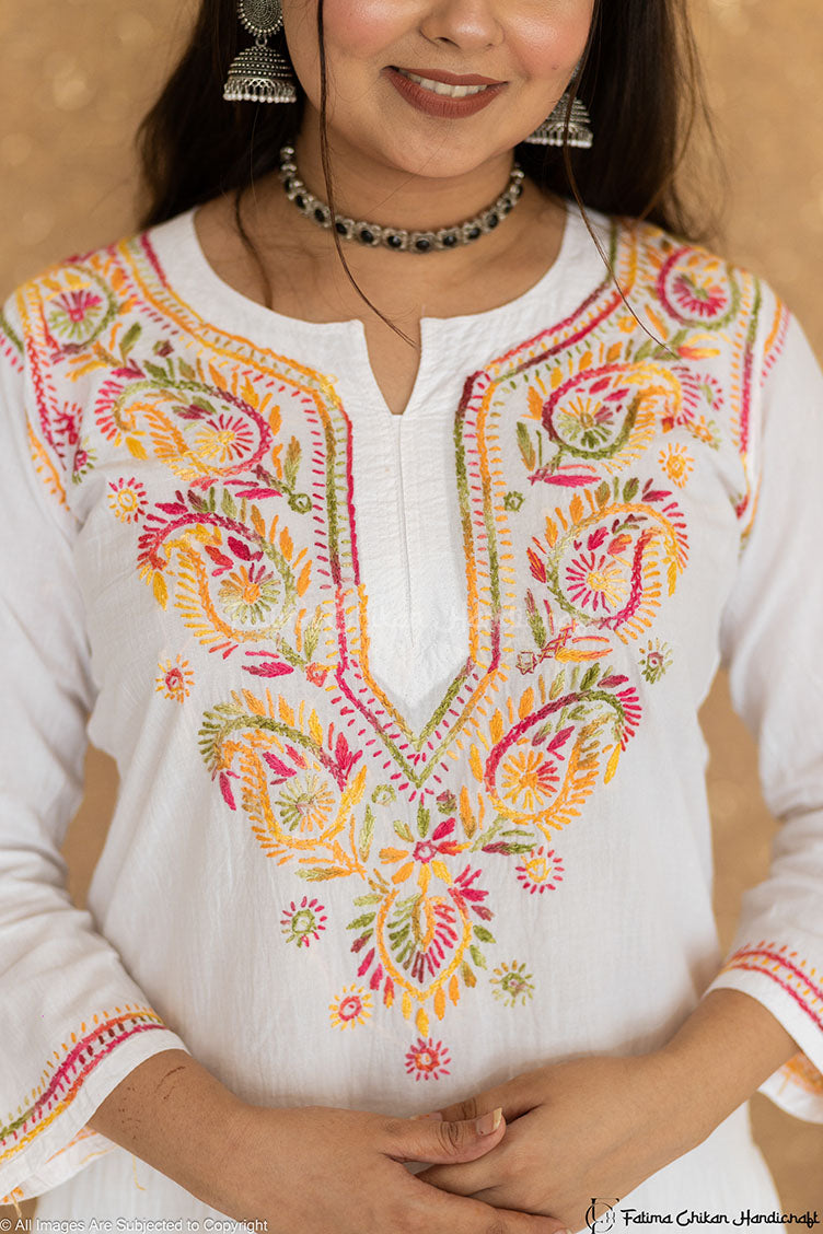 AYA PURE COTTON CHIKANKARI SHORT LENGTH KURTA