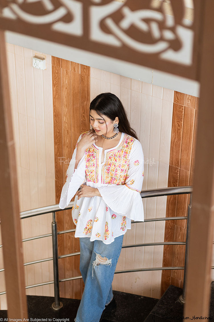 ASMA WHITE MULTI CHIKANKARI COTTON SHORT FROCK