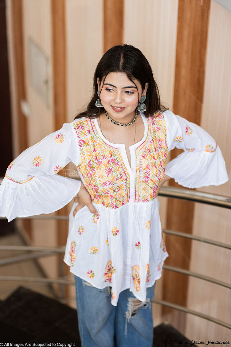 ASMA WHITE MULTI CHIKANKARI COTTON SHORT FROCK