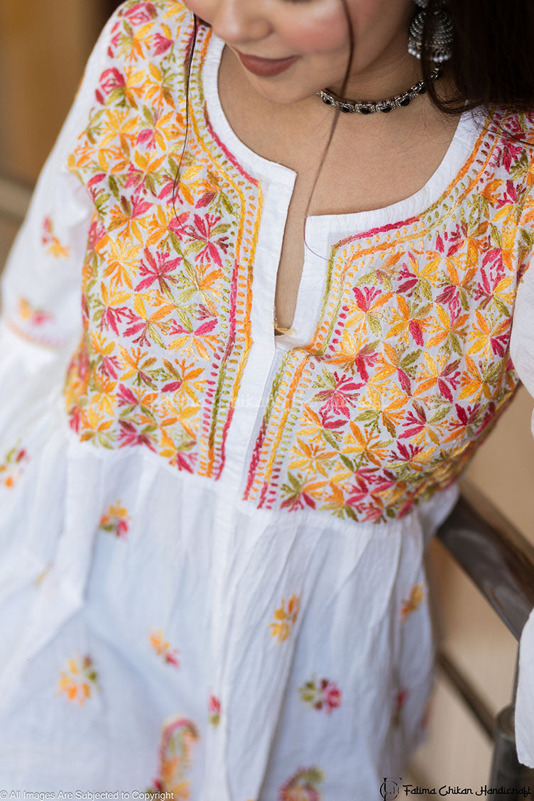 ASMA WHITE MULTI CHIKANKARI COTTON SHORT FROCK