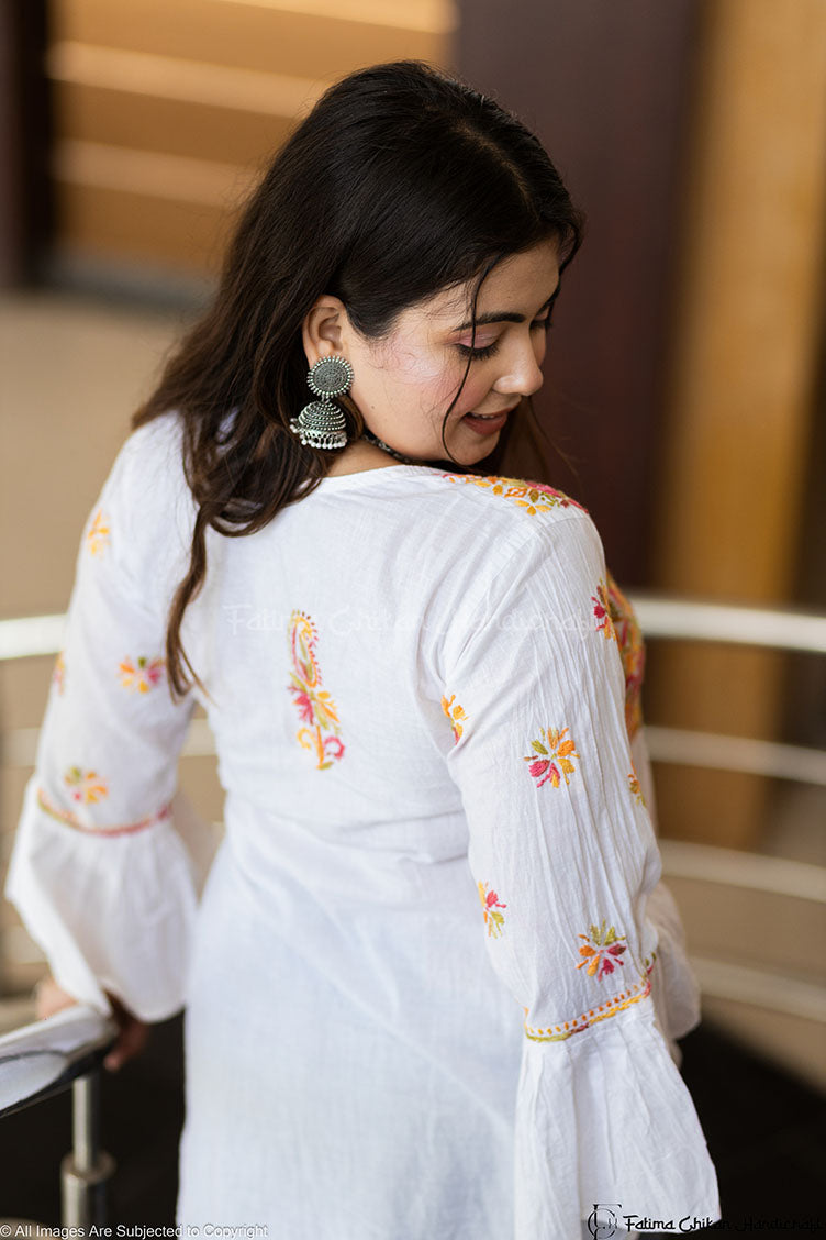 ASMA WHITE MULTI CHIKANKARI COTTON SHORT FROCK