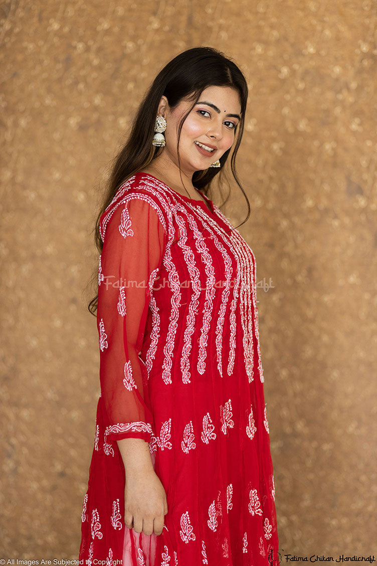 Aadila Red 56 Kali Georgette Chikankari Anarkali 