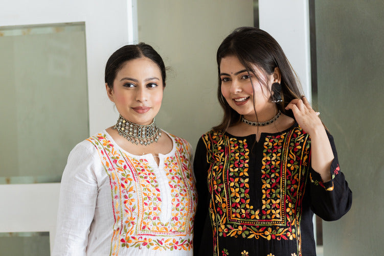 YUSRA BLACK MULTI CHIKANKARI KHADI COTTON STRAIGHT KURTI
