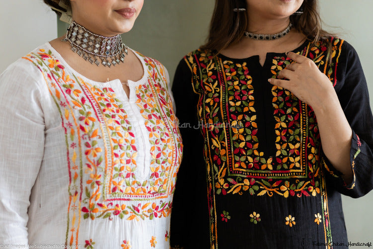 YUSRA BLACK MULTI CHIKANKARI KHADI COTTON STRAIGHT KURTI