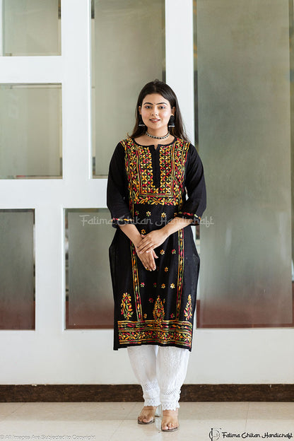 YUSRA BLACK MULTI CHIKANKARI KHADI COTTON STRAIGHT KURTI