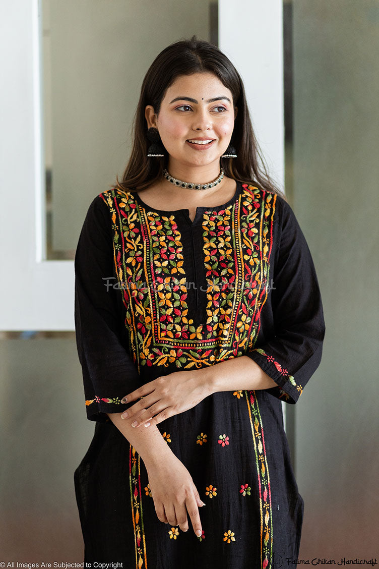 YUSRA BLACK MULTI CHIKANKARI KHADI COTTON STRAIGHT KURTI