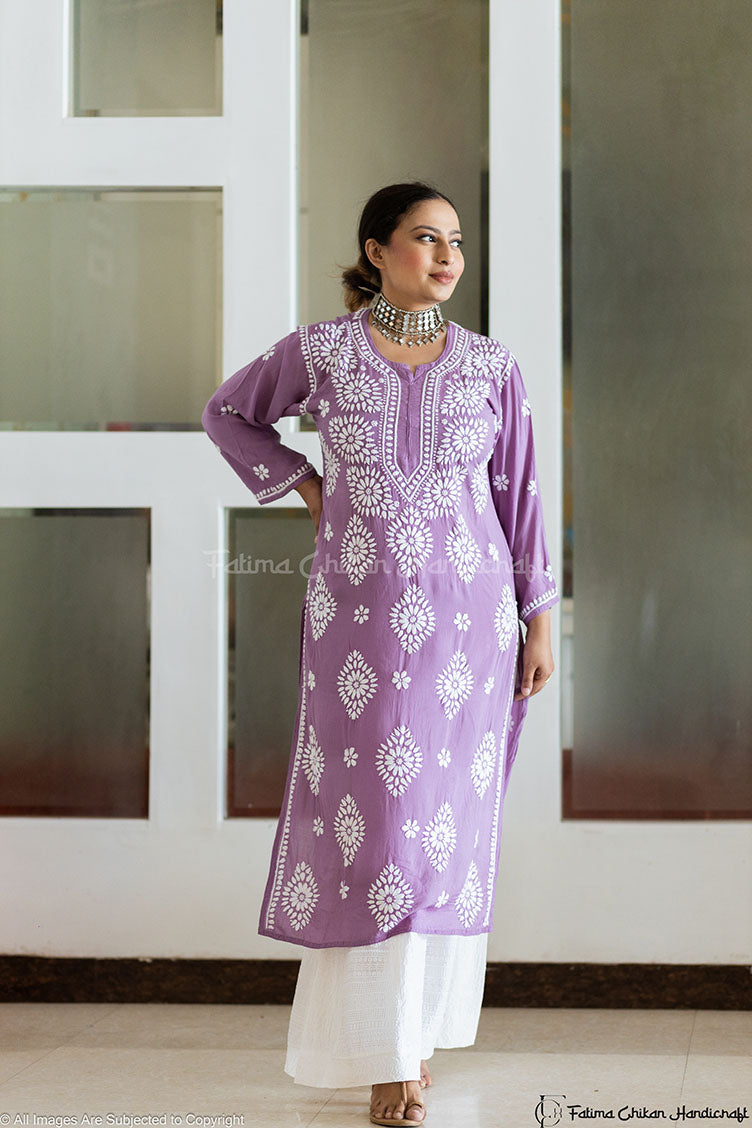LAVENDER AYAAT MODAL COTTON STRAIGHT CHIKANKARI KURTI