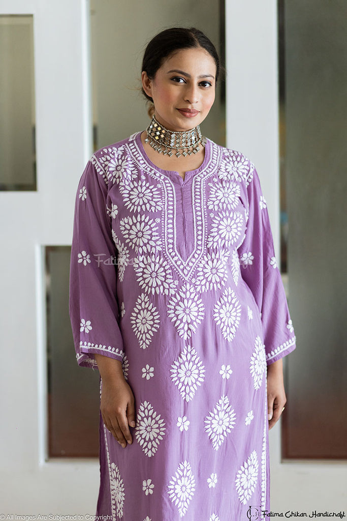 LAVENDER AYAAT MODAL COTTON STRAIGHT CHIKANKARI KURTI