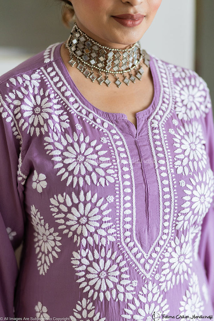 LAVENDER AYAAT MODAL COTTON STRAIGHT CHIKANKARI KURTI