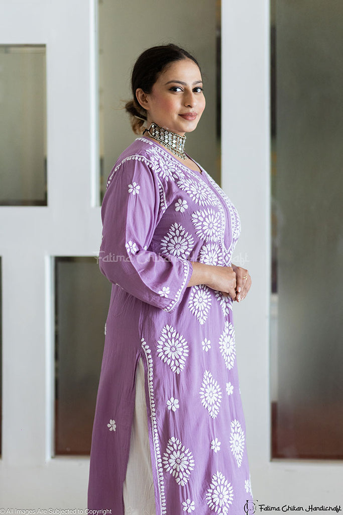 LAVENDER AYAAT MODAL COTTON STRAIGHT CHIKANKARI KURTI