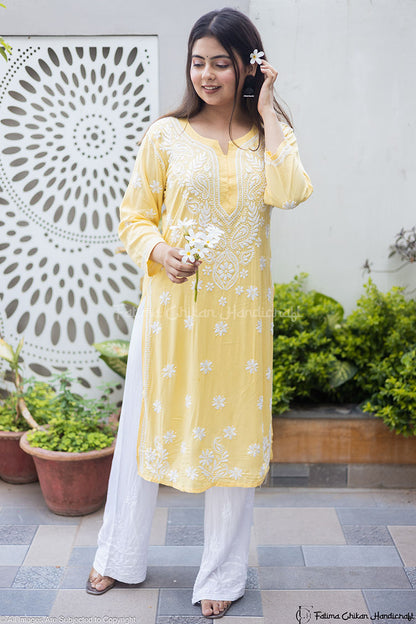YELLOW MARIA MODAL STRAIGHT CHIKANKARI KURTI