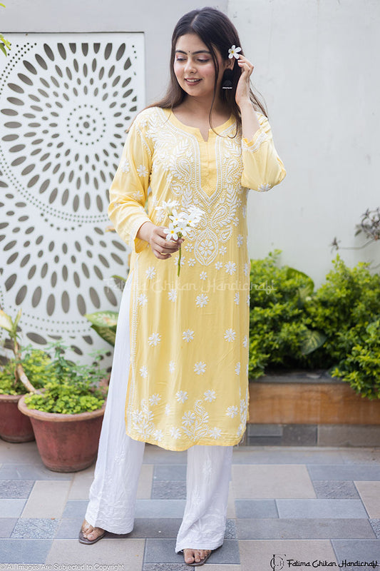 YELLOW MARIA MODAL STRAIGHT CHIKANKARI KURTI