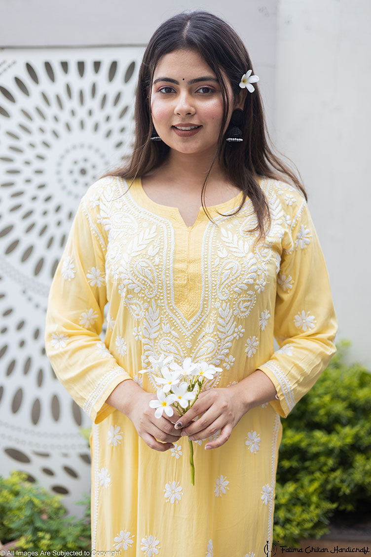 YELLOW MARIA MODAL STRAIGHT CHIKANKARI KURTI