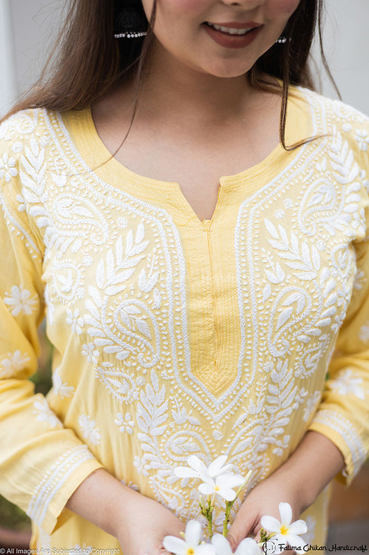 YELLOW MARIA MODAL STRAIGHT CHIKANKARI KURTI