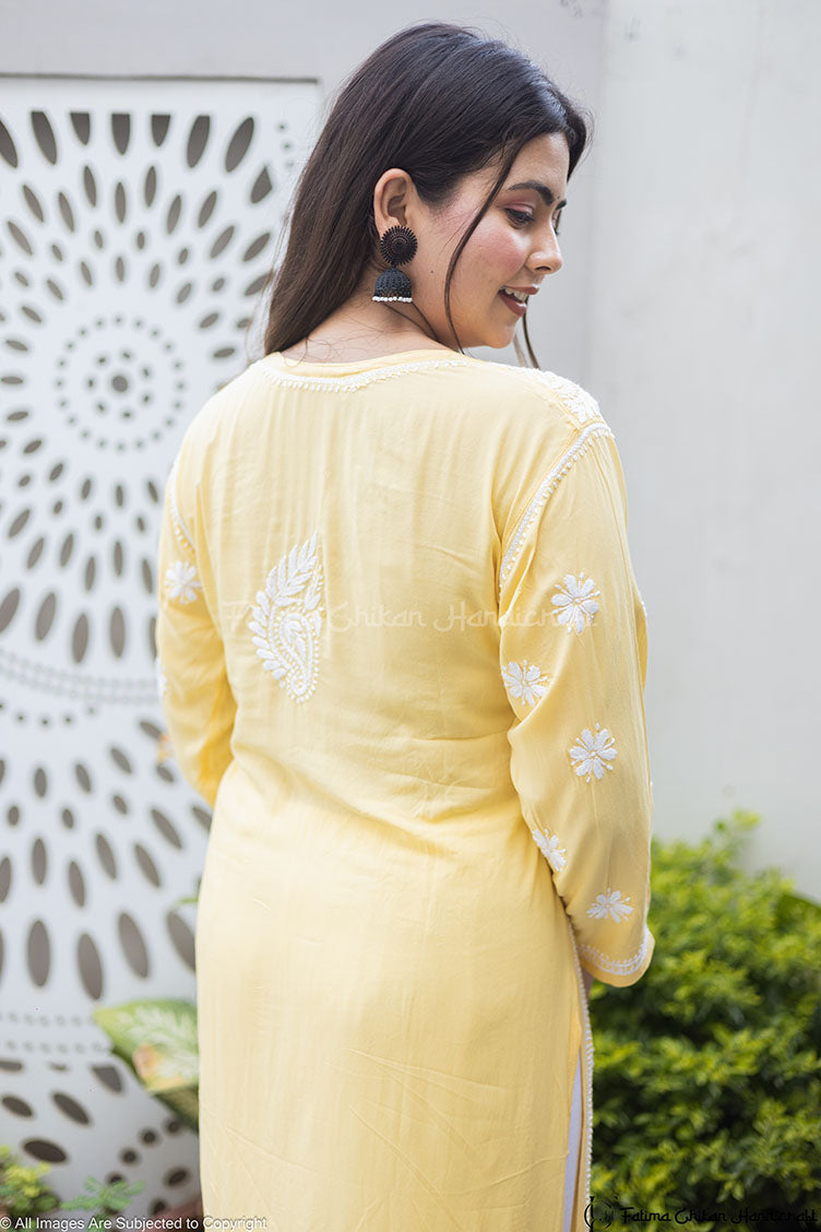YELLOW MARIA MODAL STRAIGHT CHIKANKARI KURTI