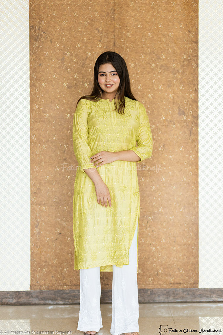 GAZAL GREEN CHANDERI COTTON STRAIGHT CHIKANKARI KURTI