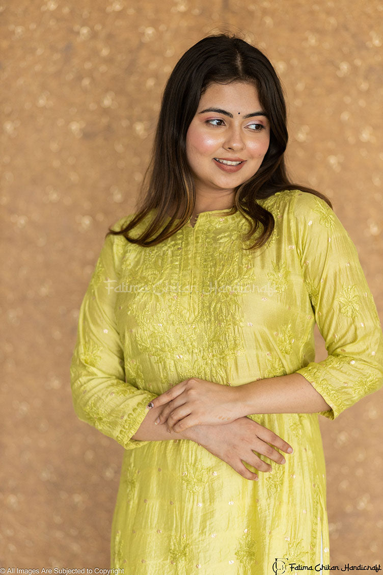 GAZAL GREEN CHANDERI COTTON STRAIGHT CHIKANKARI KURTI