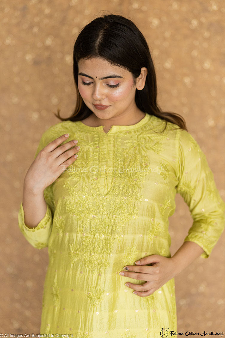GAZAL GREEN CHANDERI COTTON STRAIGHT CHIKANKARI KURTI