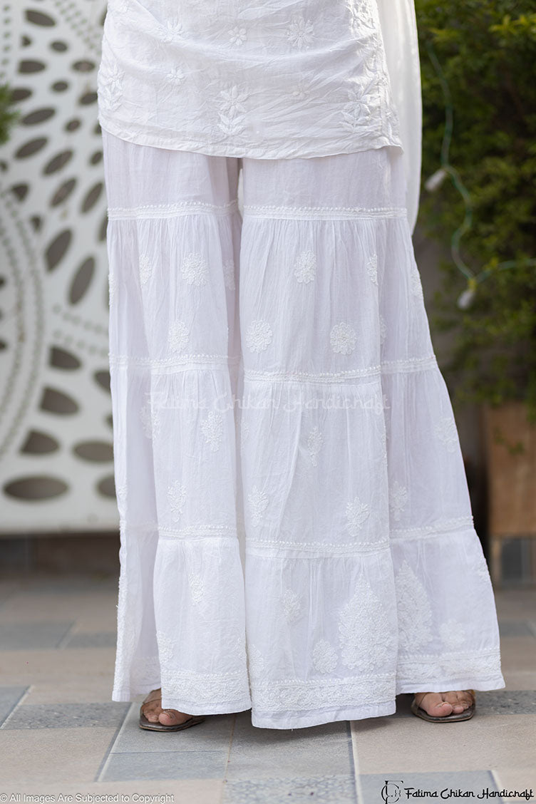 WHITE COTTON THREE LAYER CHIKANKARI GARARA