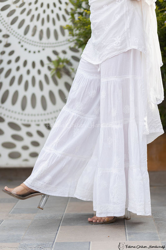 WHITE COTTON THREE LAYER CHIKANKARI GARARA