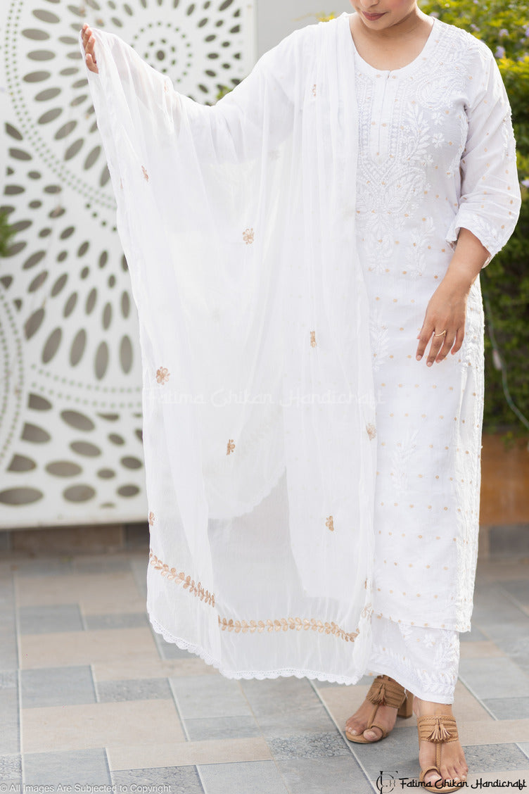 WHITE GEORGETTE GOTA PATTI CHIKANKARI DUPATTA LUCKNAWI CHIKAN
