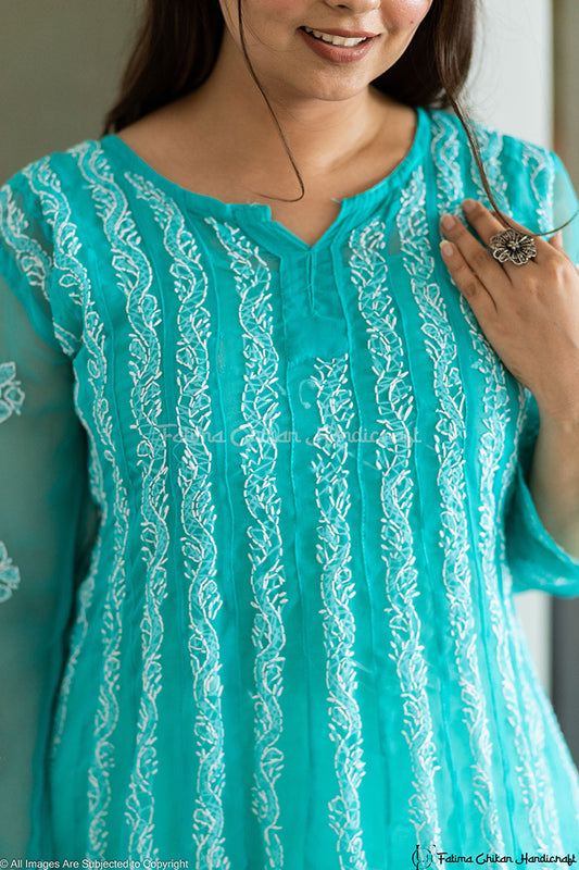 NAAYLA TEAL GEORGETTE CHIKANKARI ANARKALI
