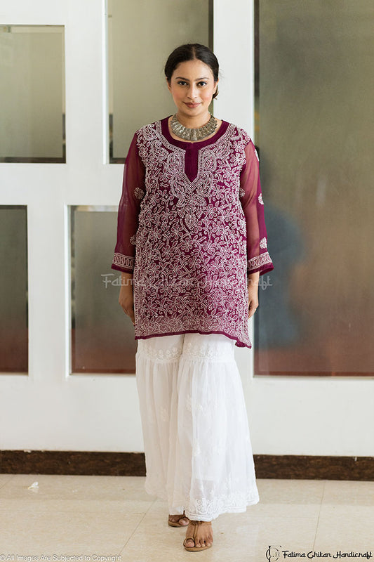 ELEGANT GEORGETTE ZAINA CHIKANKARI SHORT KURTA DELICATE HAND-EMBROIDERY