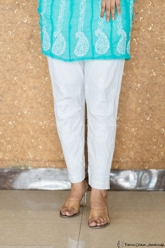 WHITE LYCRA STRAIGHT CHIKANKARI CIGARETTE PANT