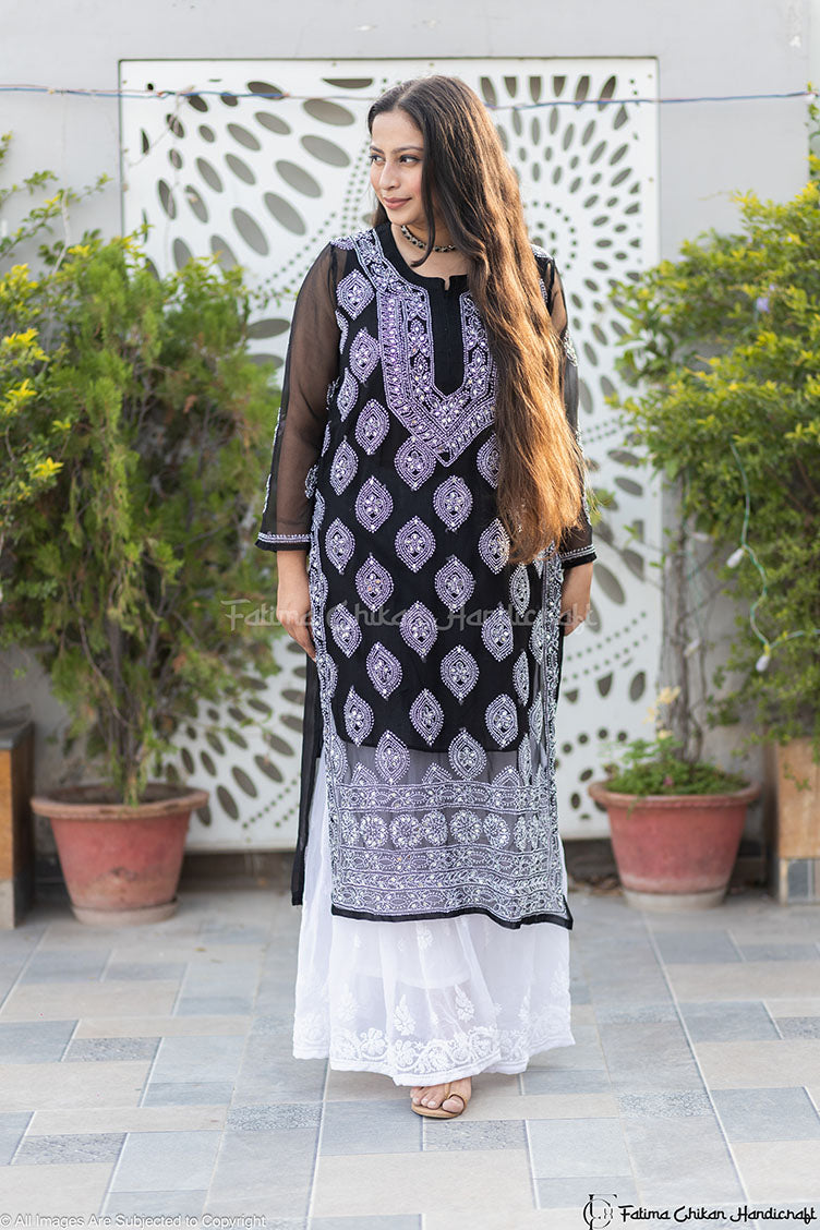 Black Colour Lucknow Chikankari Hand Embroidered Georgette Kurta / Kurti  with Matching Inner