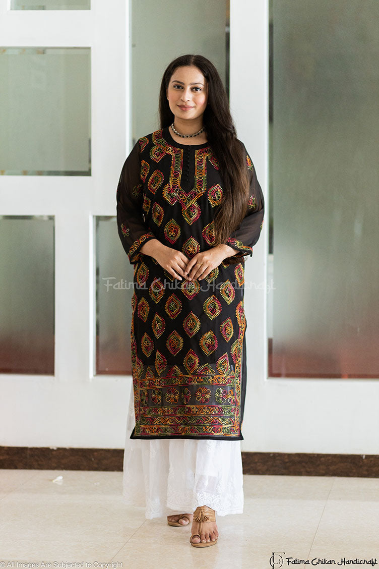 BLACK MULTI HAFSA GEORGETTE STRAIGHT CHIKANKARI KURTI