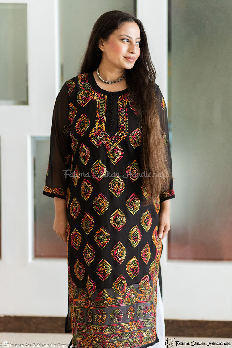 BLACK MULTI HAFSA GEORGETTE STRAIGHT CHIKANKARI KURTI