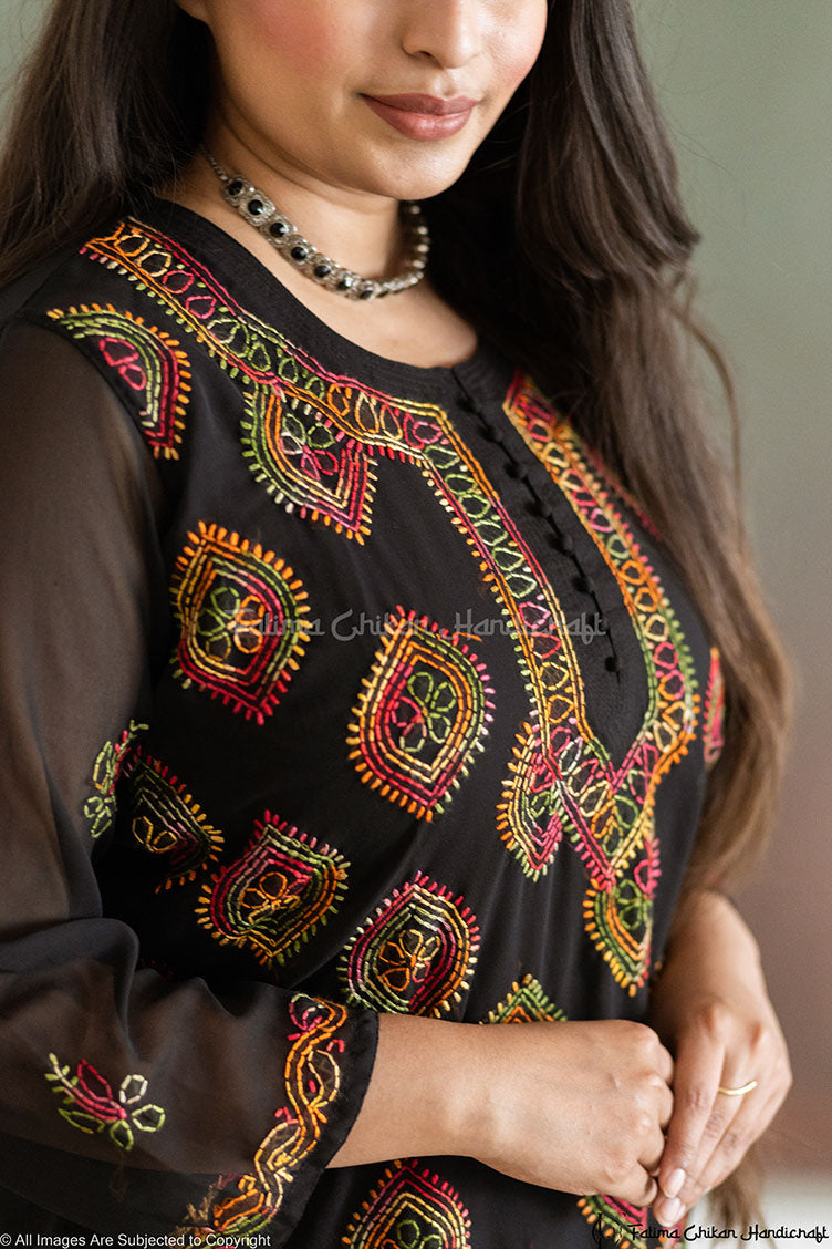 BLACK MULTI HAFSA GEORGETTE STRAIGHT CHIKANKARI KURTI
