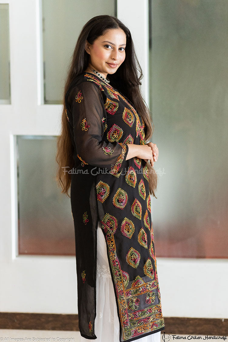 BLACK MULTI HAFSA GEORGETTE STRAIGHT CHIKANKARI KURTI