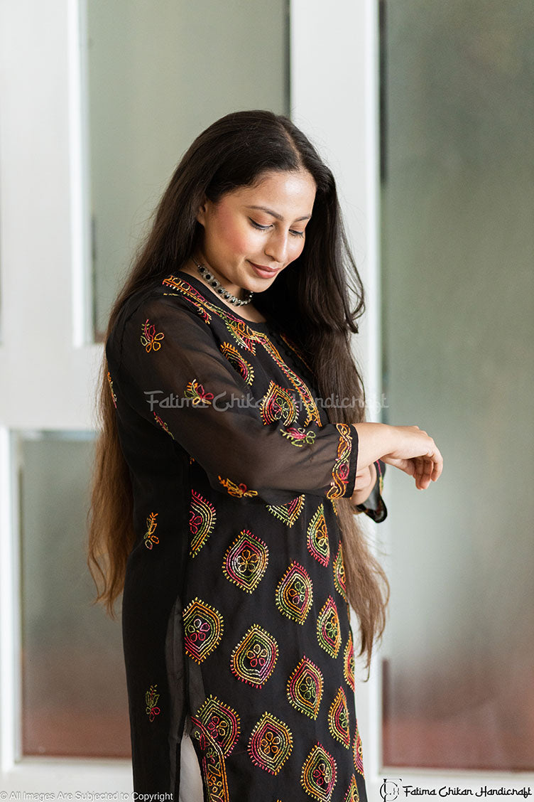BLACK MULTI HAFSA GEORGETTE STRAIGHT CHIKANKARI KURTI