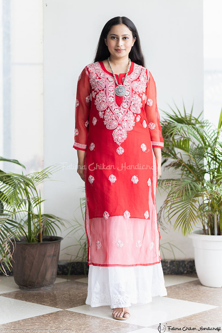CHIKANKARI RED STRAIGHT TUBA KURTA