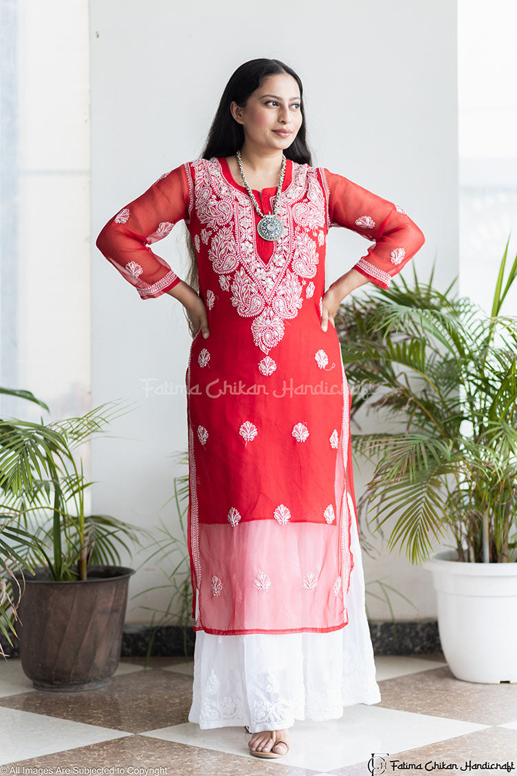 CHIKANKARI RED STRAIGHT TUBA KURTA