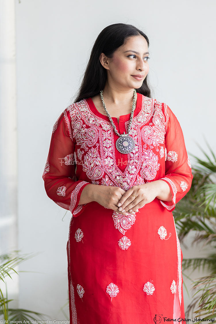 CHIKANKARI RED STRAIGHT TUBA KURTA
