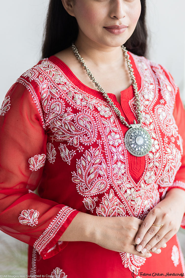 CHIKANKARI RED STRAIGHT TUBA KURTA