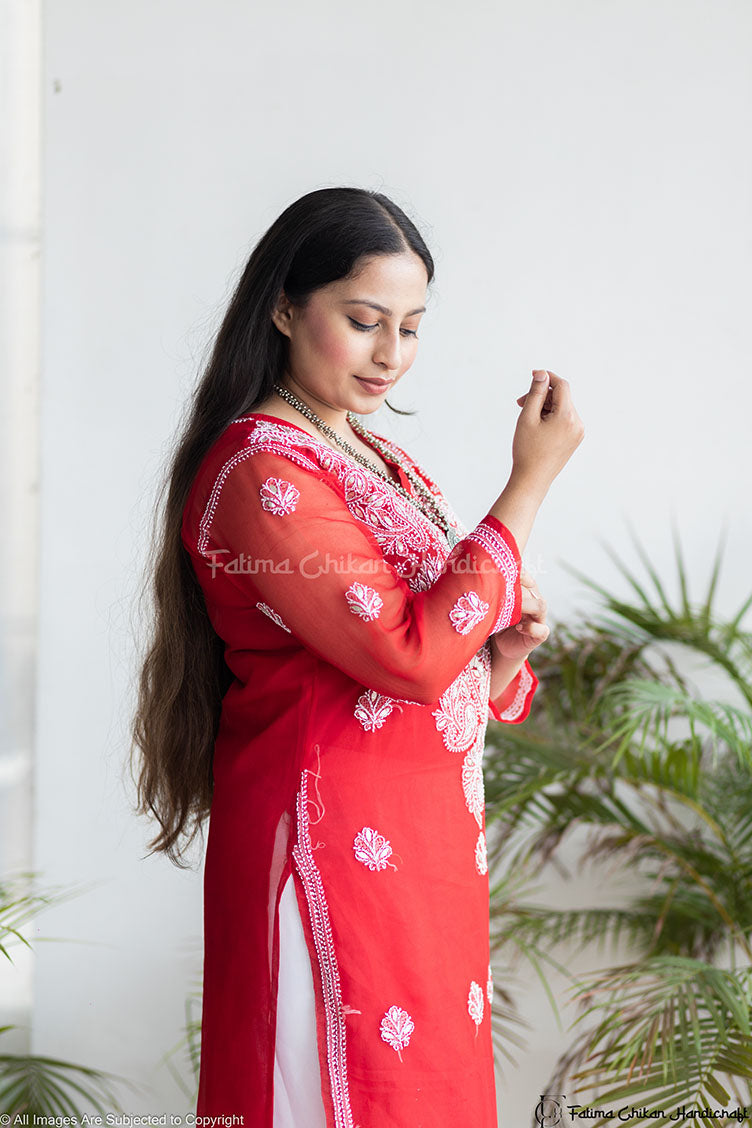 CHIKANKARI RED STRAIGHT TUBA KURTA