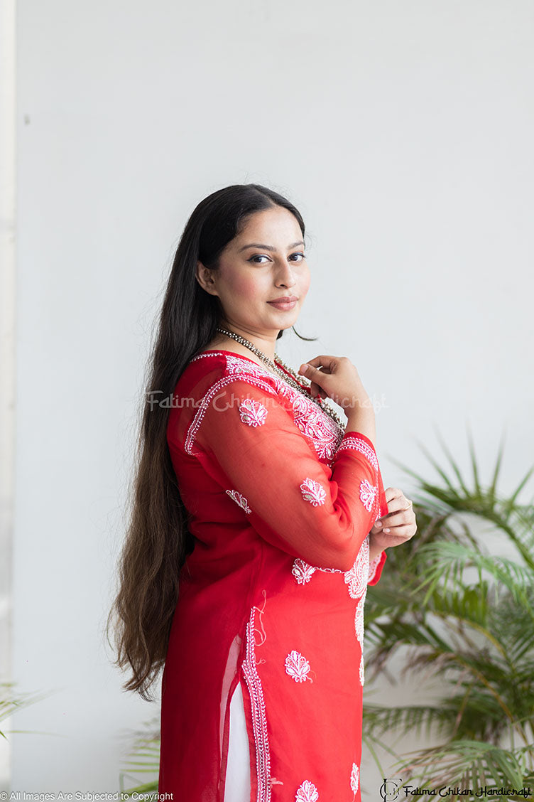 CHIKANKARI RED STRAIGHT TUBA KURTA