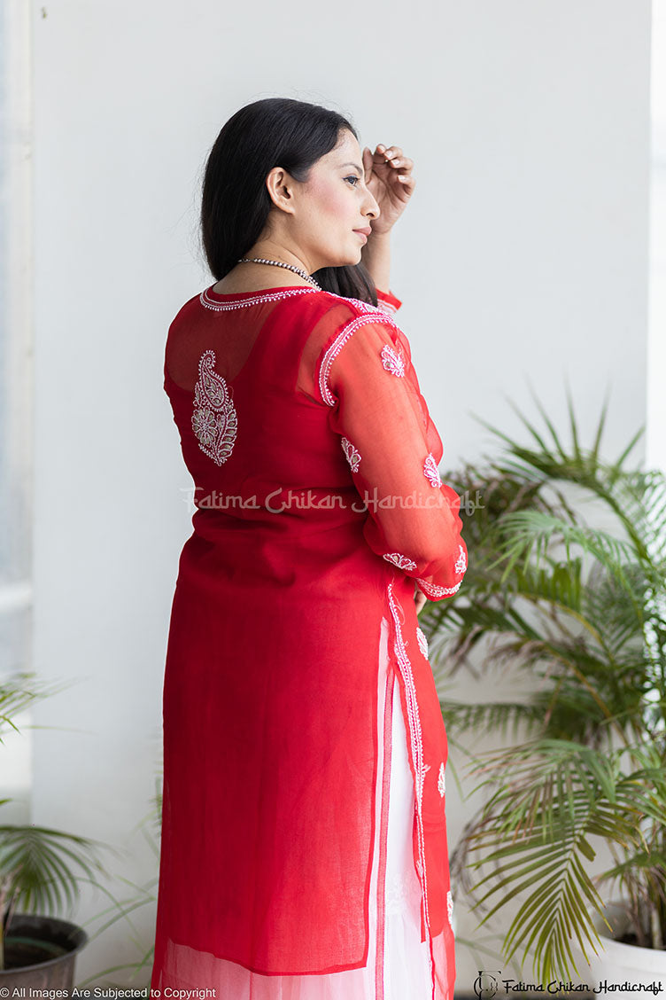 CHIKANKARI RED STRAIGHT TUBA KURTA